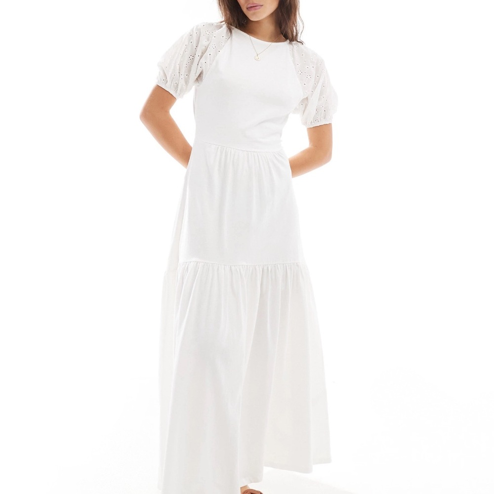 ASOS White Midi Dress with Eyelet Puff Sleeves